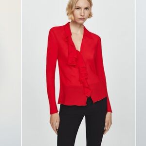 NWT Mango Vibrant Red V neck ruffled blouse